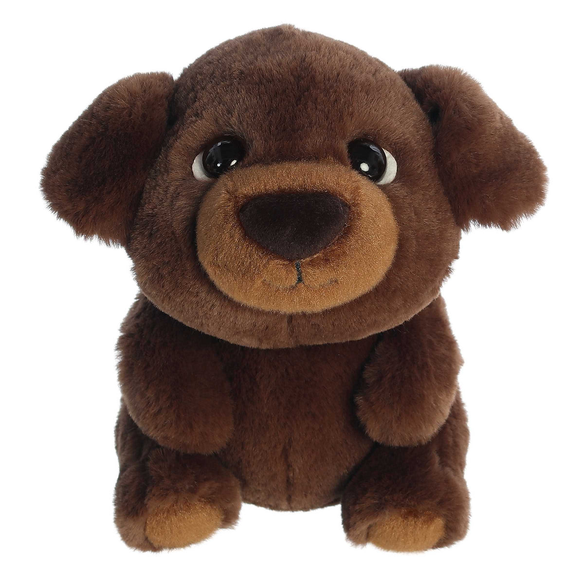 Adorable chocolate labrador puppy Stuffed animals with soft dark brown fur, dark brown accents on its nose, and shiny eyes