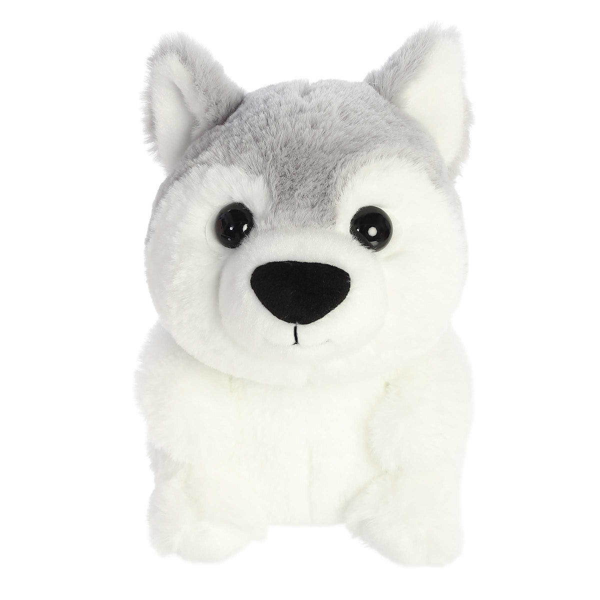 Adorable white husky puppy Stuffed animals with soft white and gray fur, black accents on its nose, and shiny eyes