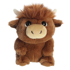 Adorable cow calf Stuffed animals with brown fur, light brown mouth, brown fluffy mane, white horns and shiny eyes