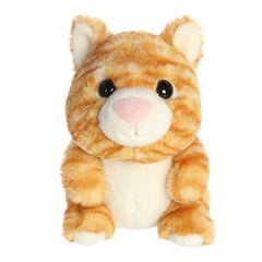 Cuddly orange tabby kitten Stuffed animals with white fur body and orange stripes throughout, white fur on ears and shiny eyes