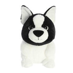 Cuddly border collie puppy Stuffed animals with black and white fur body, black fur details on face and back, and shiny eyes