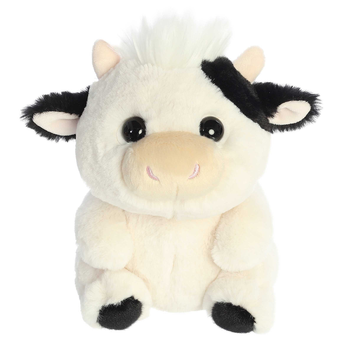 Cute cuddly cow calf Stuffed animals with black and white fur body, fluffy white mane, and black fur details on ears and toes