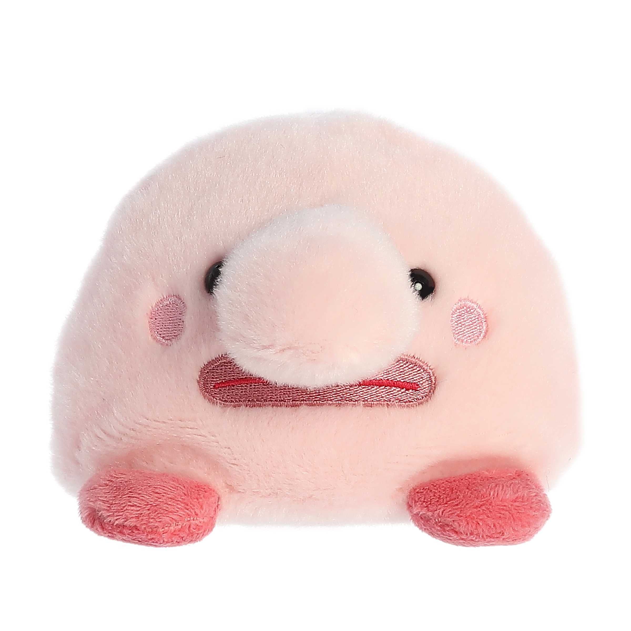A mini adorable blobfish plush with soft pink fur, a bulbous round nose, embroidered blush, and dark pink fins and lips