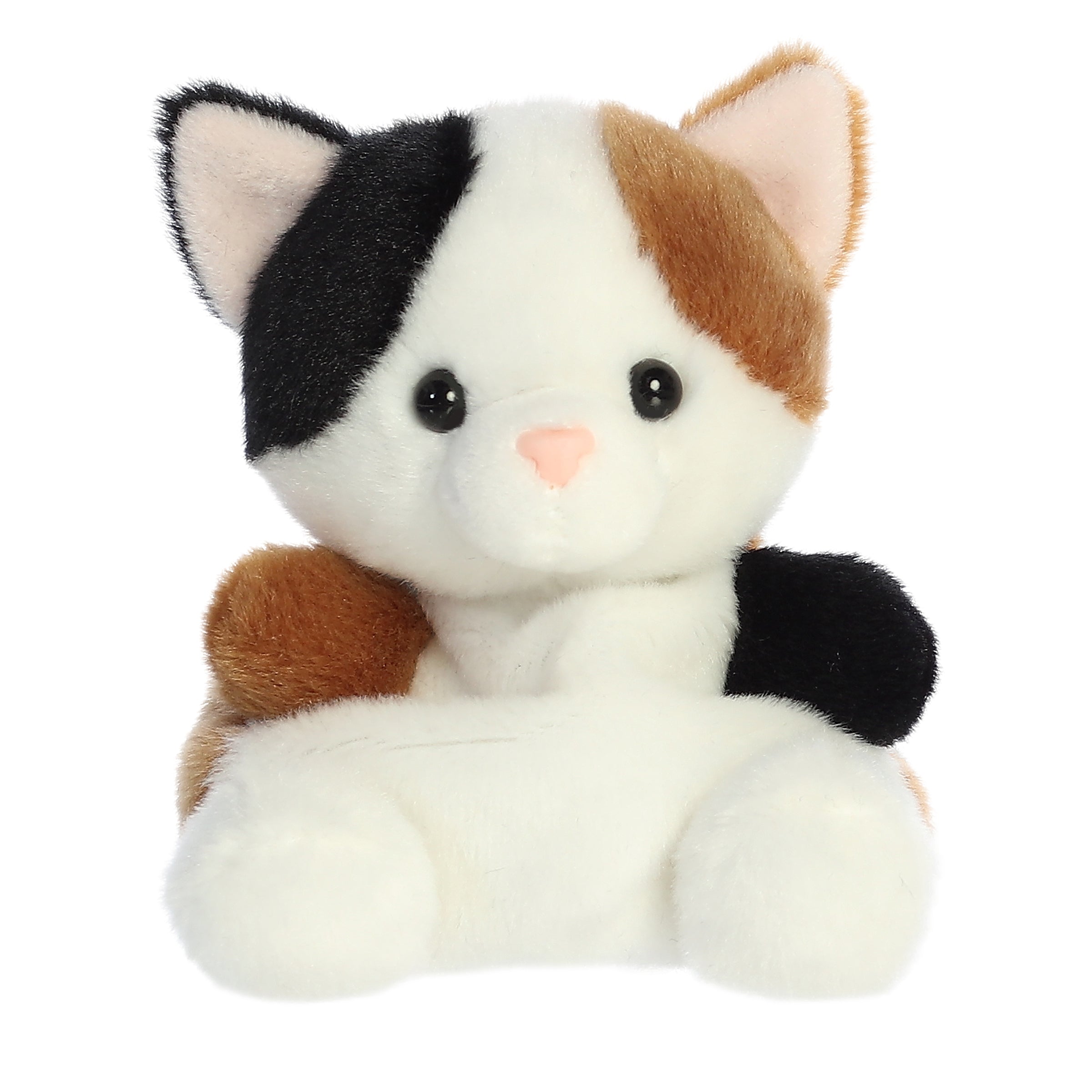 Peebs Calico Cat plush toy from Palm Pals, featuring white, black, and caramel fur, embodies tranquility.