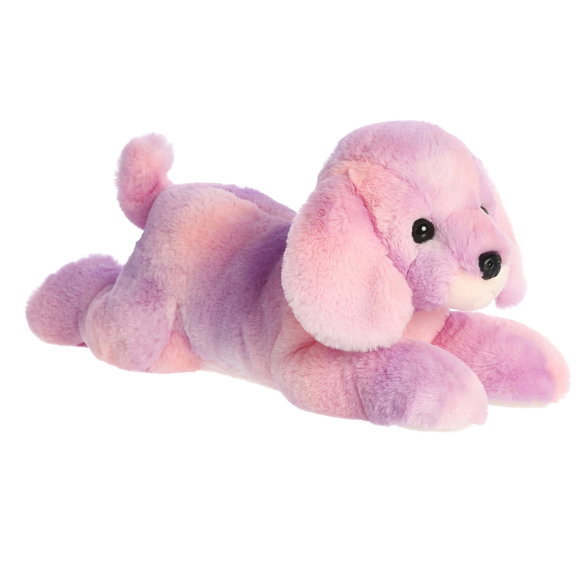 Grand Flopsie pink Pandora plush pup in a cozy resting pose, featuring light pink and purple fur, by Aurora.