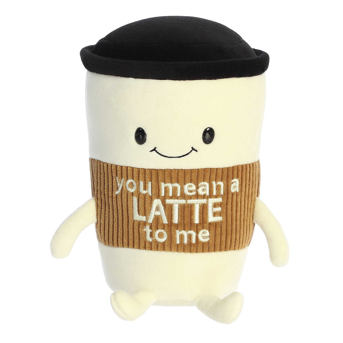 You Mean A Latte' plush, shaped like a coffee cup and adorned with puns, soft and whimsical