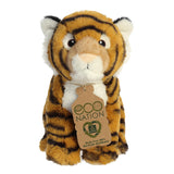A majestic bengal tiger plush with orange and black stripes, gentle embroidered eyes, and an eco-nation tag around the neck