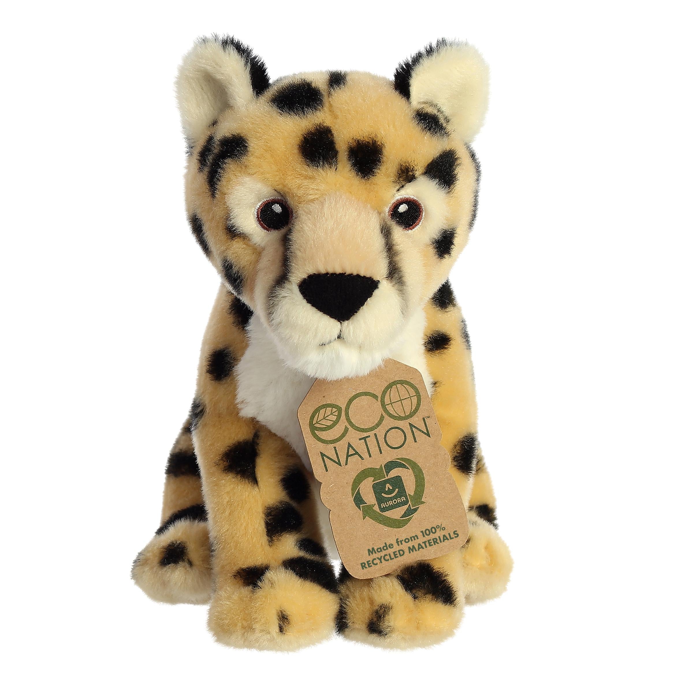 A delightful cheetah plush with traditional black spots on a golden-yellow coat, embroidered eyes, and an eco-nation tag