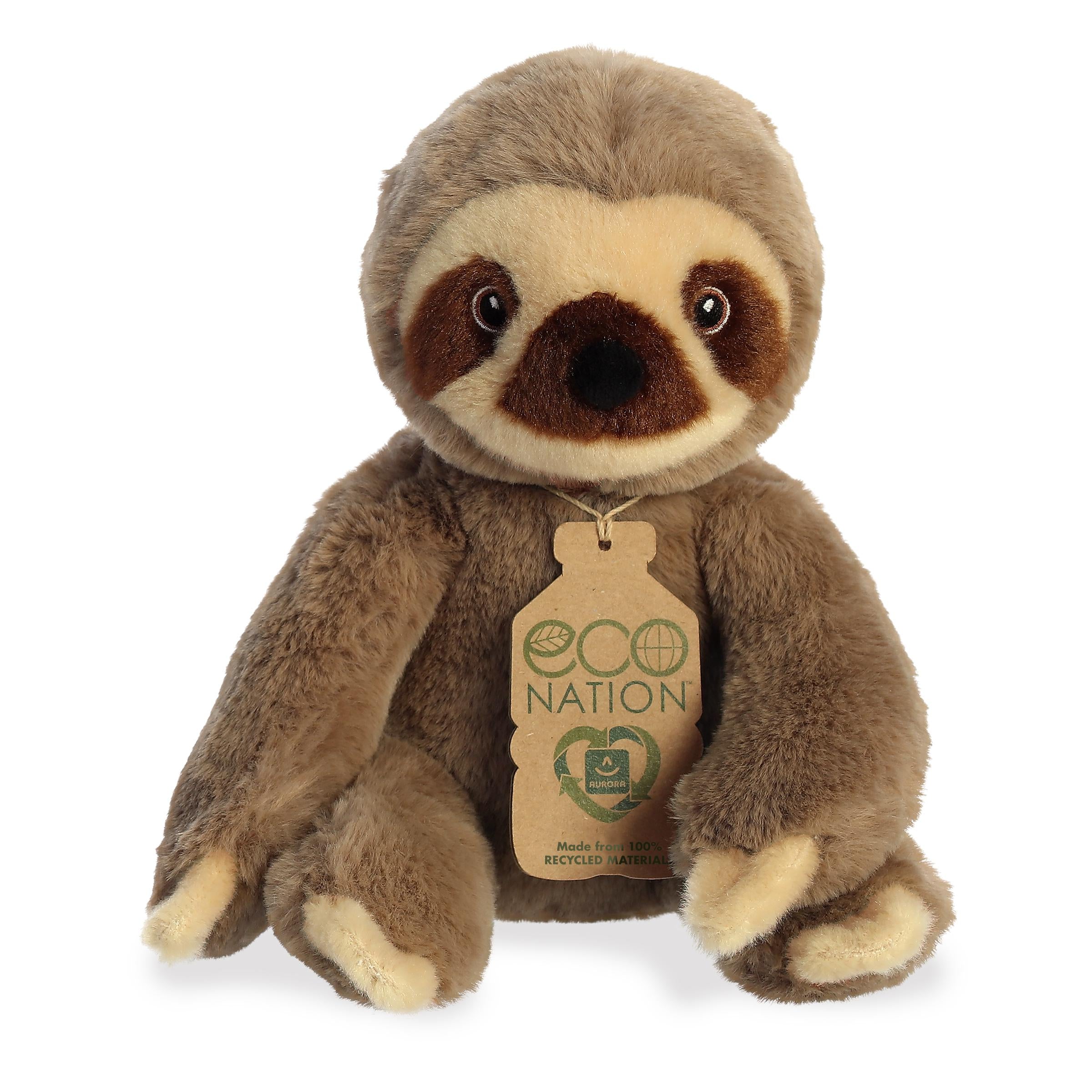 A friendly sloth plush with a rich-brown coat, gentle embroidered eyes, and an eco-nation tag around its neck