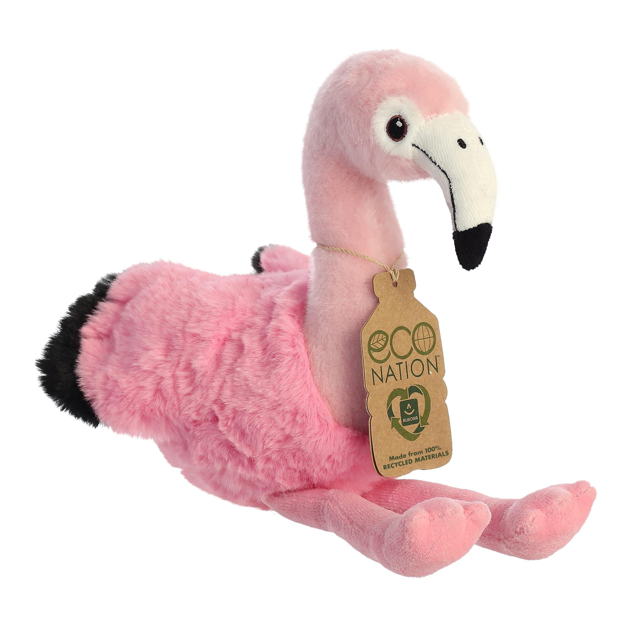 A vibrant flamingo plush with a bright pink coat, gentle embroidered eyes, and an eco-nation tag