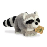 A whimsical raccoon plush with a grey and white coat, gentle embroidered eyes, and an eco-nation tag around its neck