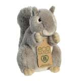 A darling squirrel plush with a grey coat and bushy tail, embroidered eyes, and an eco-nation tag around the neck
