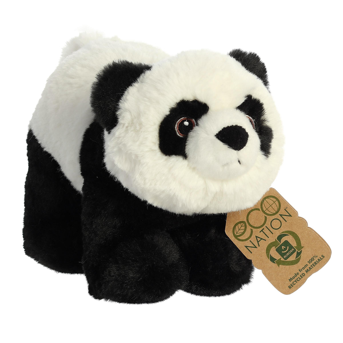 A huggable panda plush with a white and black coat, embroidered eyes, and an eco-nation tag around its neck