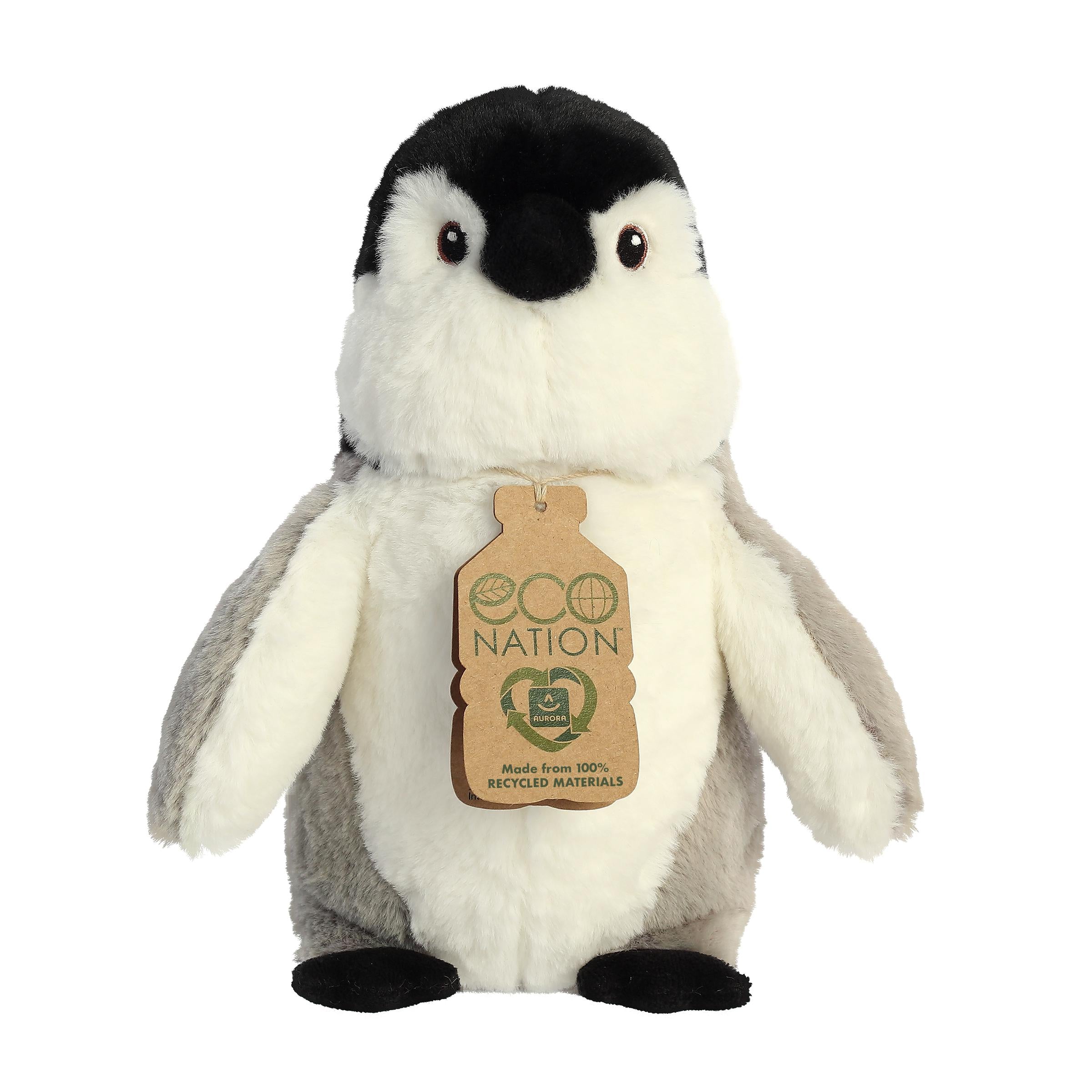 A sweet penguin plush with a white and grey coat, gentle embroidered eyes, and an eco-nation tag hanging from its neck
