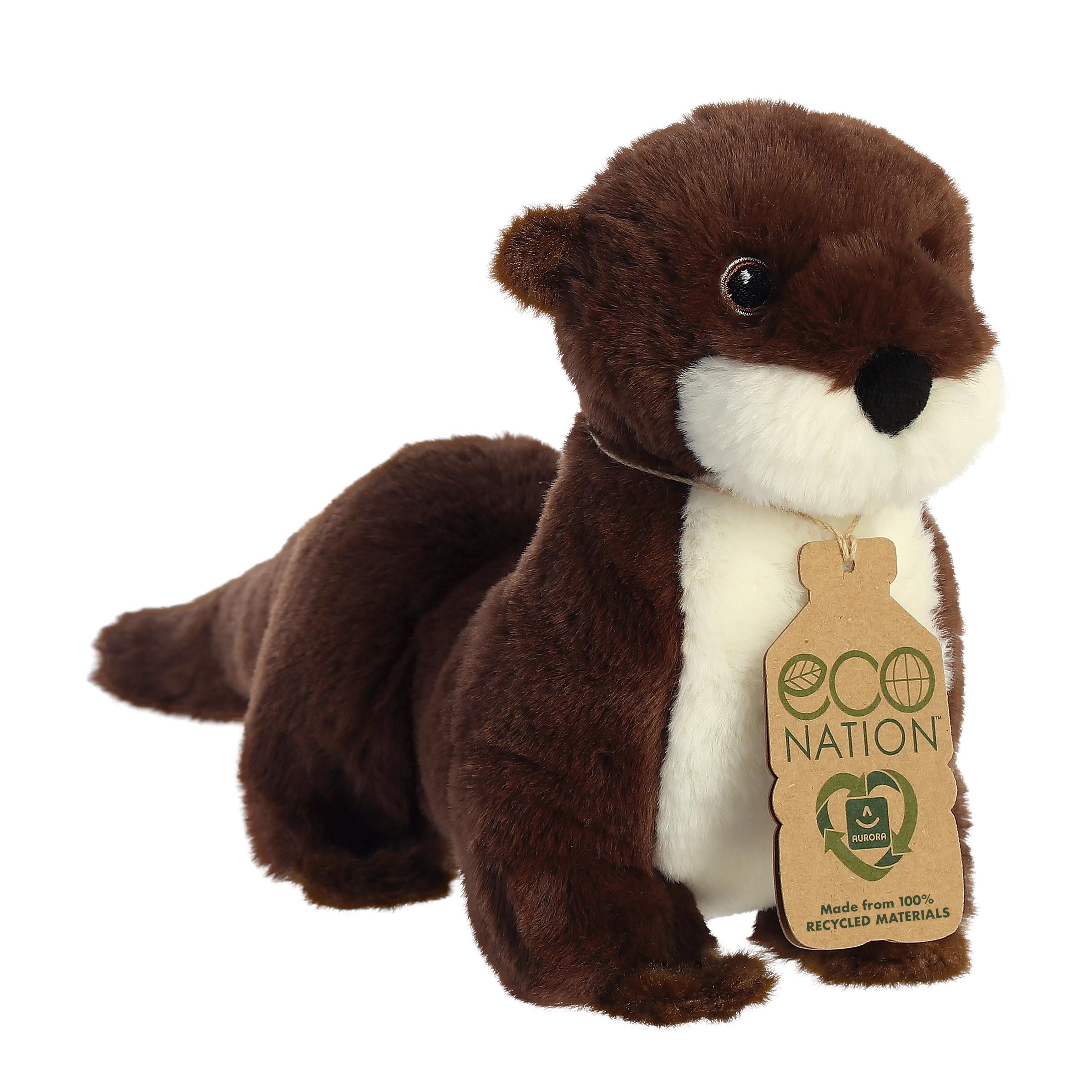 A darling river otter plush with a rich brown coat, gentle embroidered eyes, and an eco-nation tag hanging from its neck