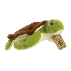 A delightful sea turtle plush with a brown shell and lime green body, soft embroidered eyes, and an eco-nation tag