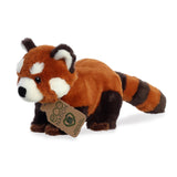 An adorable red panda plush with orange and black fur, soft embroidered eyes, and an eco-nation tag hanging from its neck
