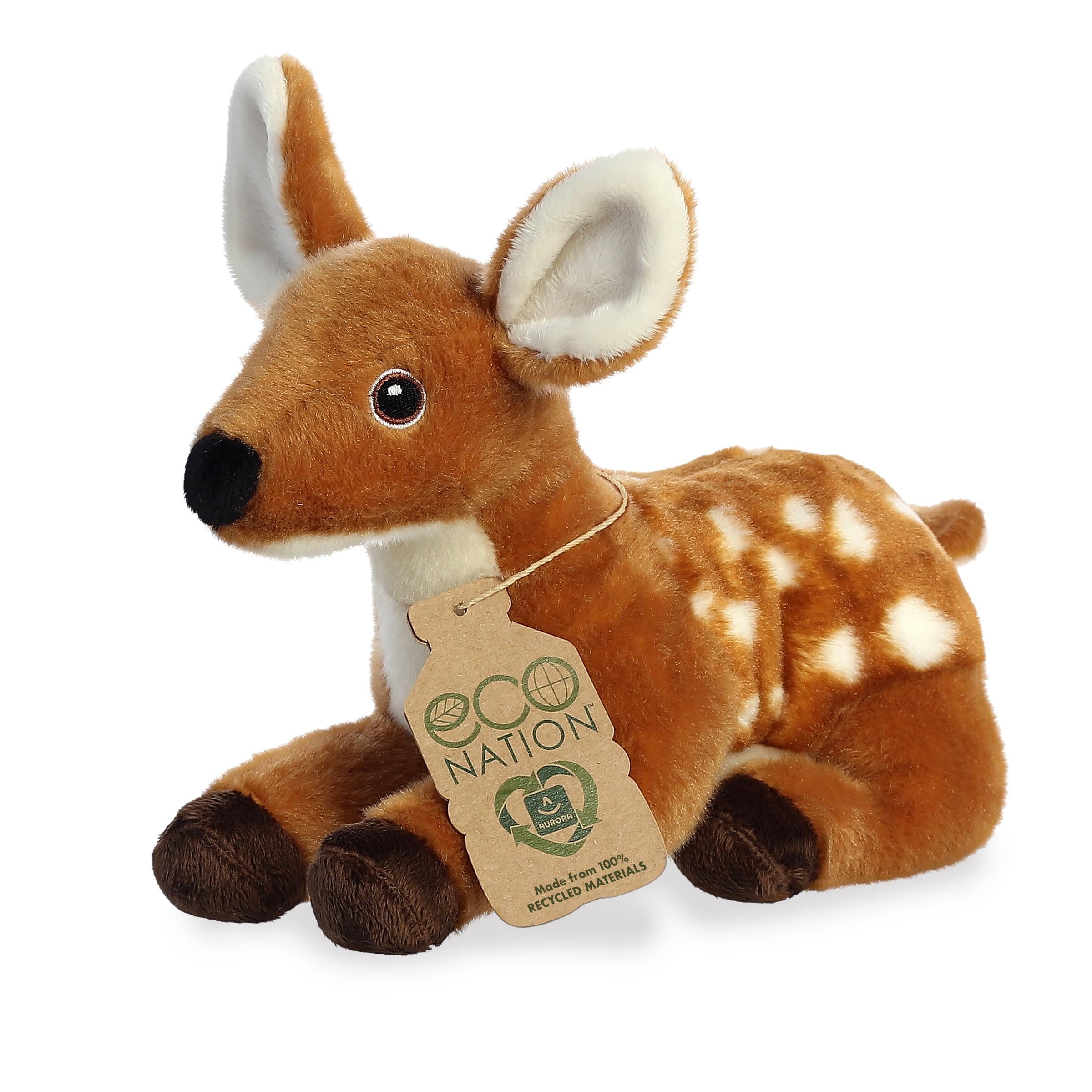 A delightful baby deer fawn plush with a brown coat with white spots, embroidered eyes, and an eco-nation tag