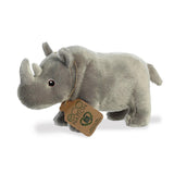 A lovely rhino plush that resembles the real animal with a grey coat, embroidered eyes, and an eco-nation tag by its neck