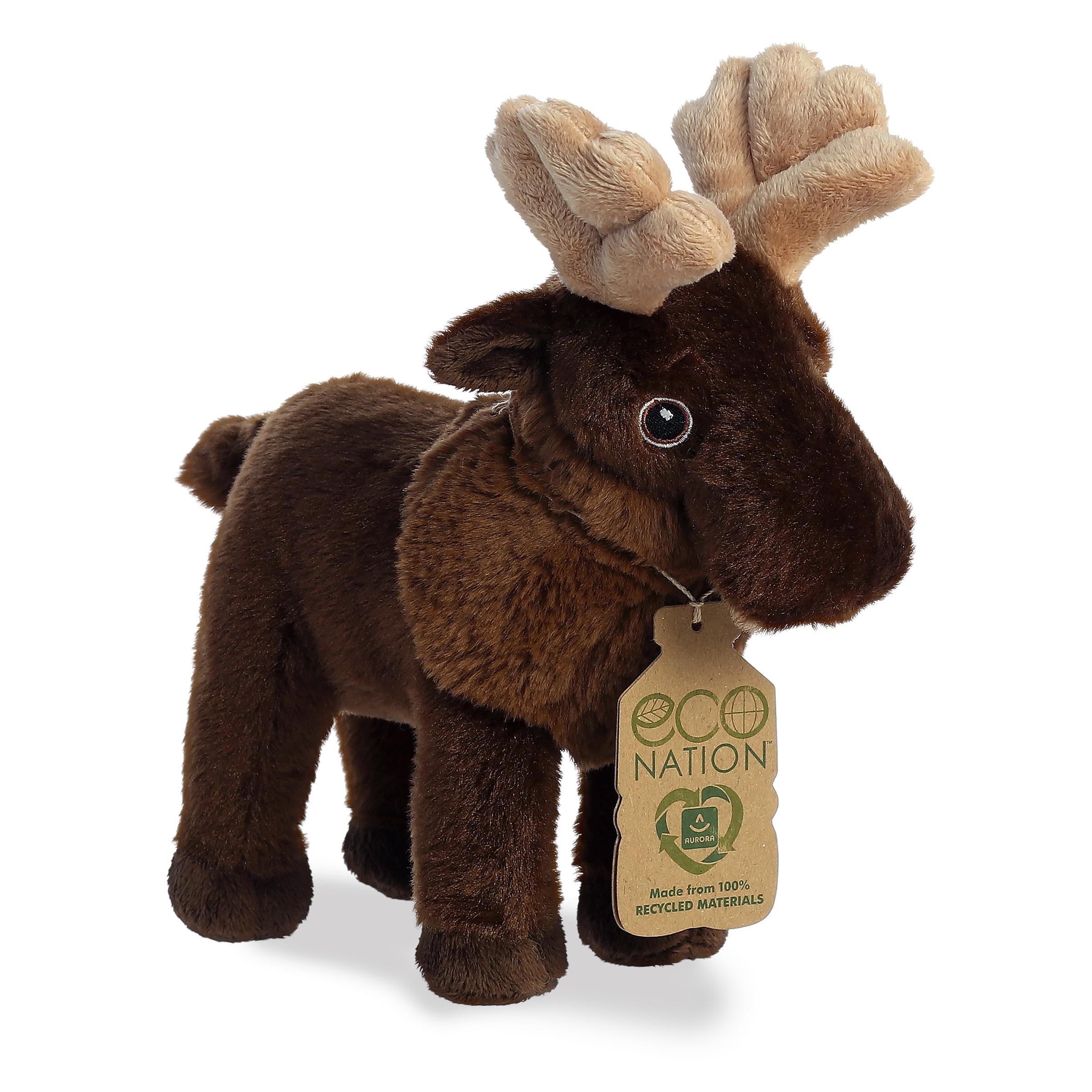 A charming moose plush that has a rich brown coat and soft antlers, embroidered eyes, and an eco-nation tag by its neck