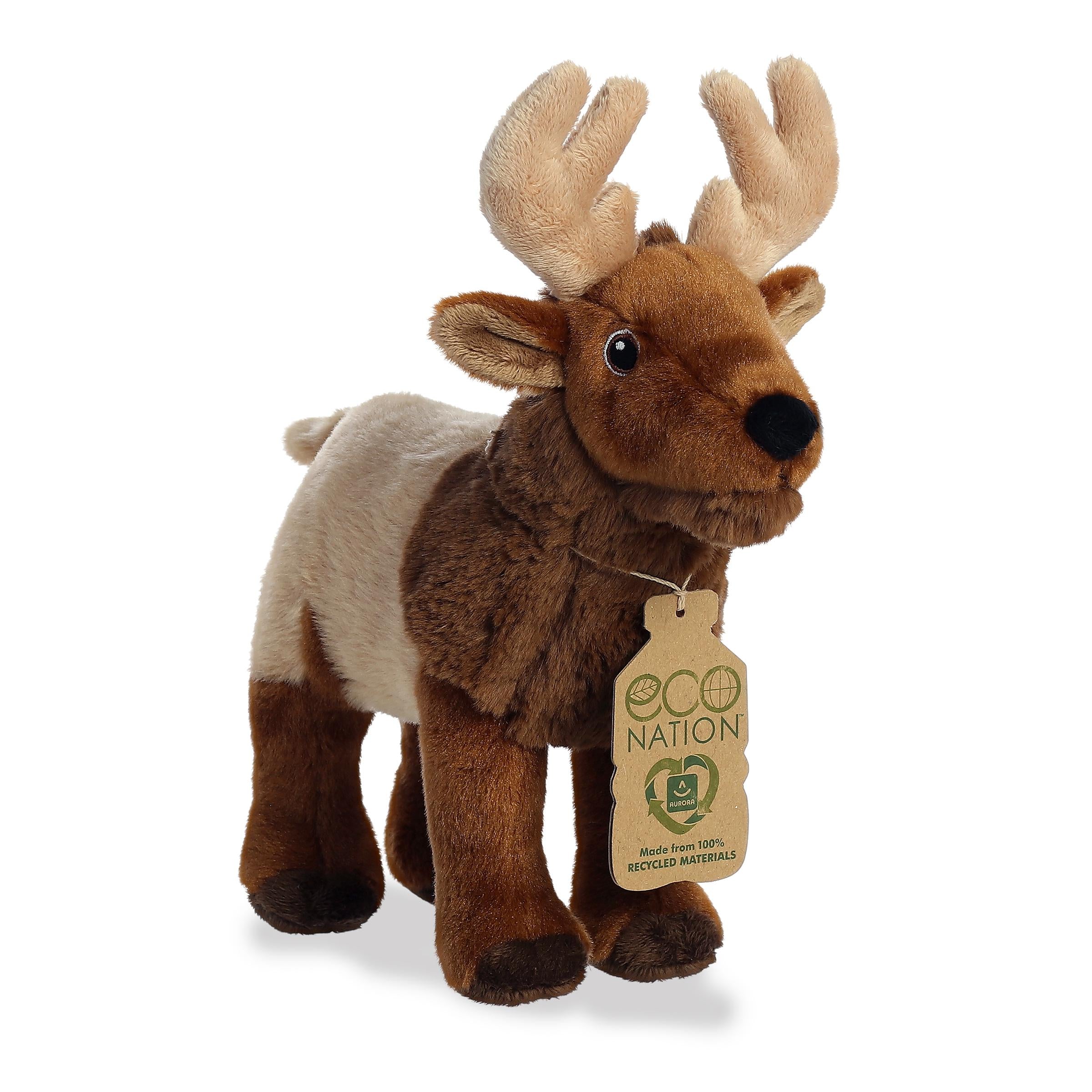 An elk plush that is a blend of tan and brown with large plush antlers, embroidered eyes, and an eco-nation tag
