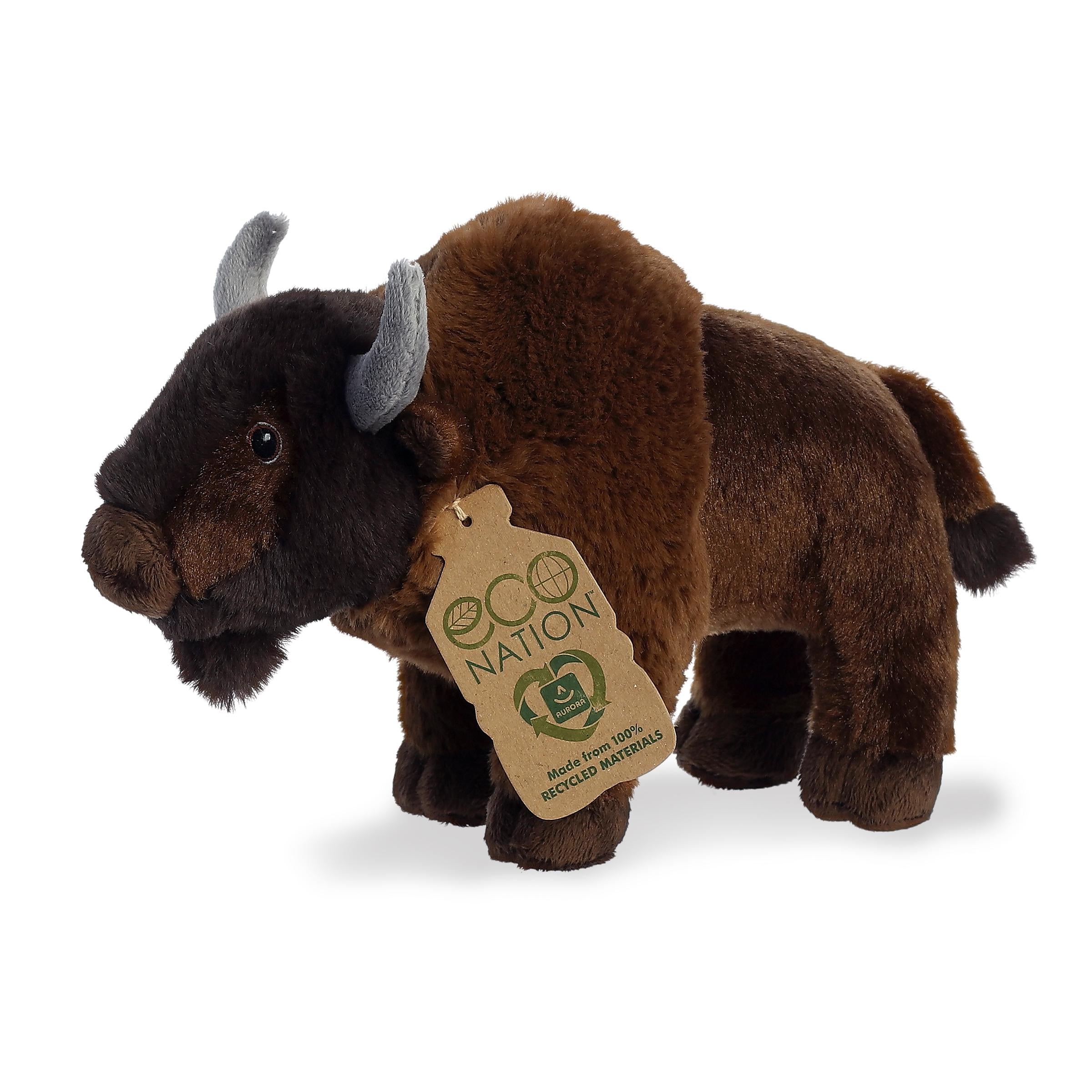 Charming bison plush with a rich brown coat and grey horns, embroidered eyes, and an eco-nation tag by its strong neck