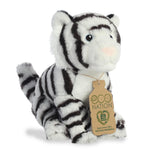 An enchanting white tiger plush with a white and black striped coat, detailed embroidered eyes, and an eco-nation tag