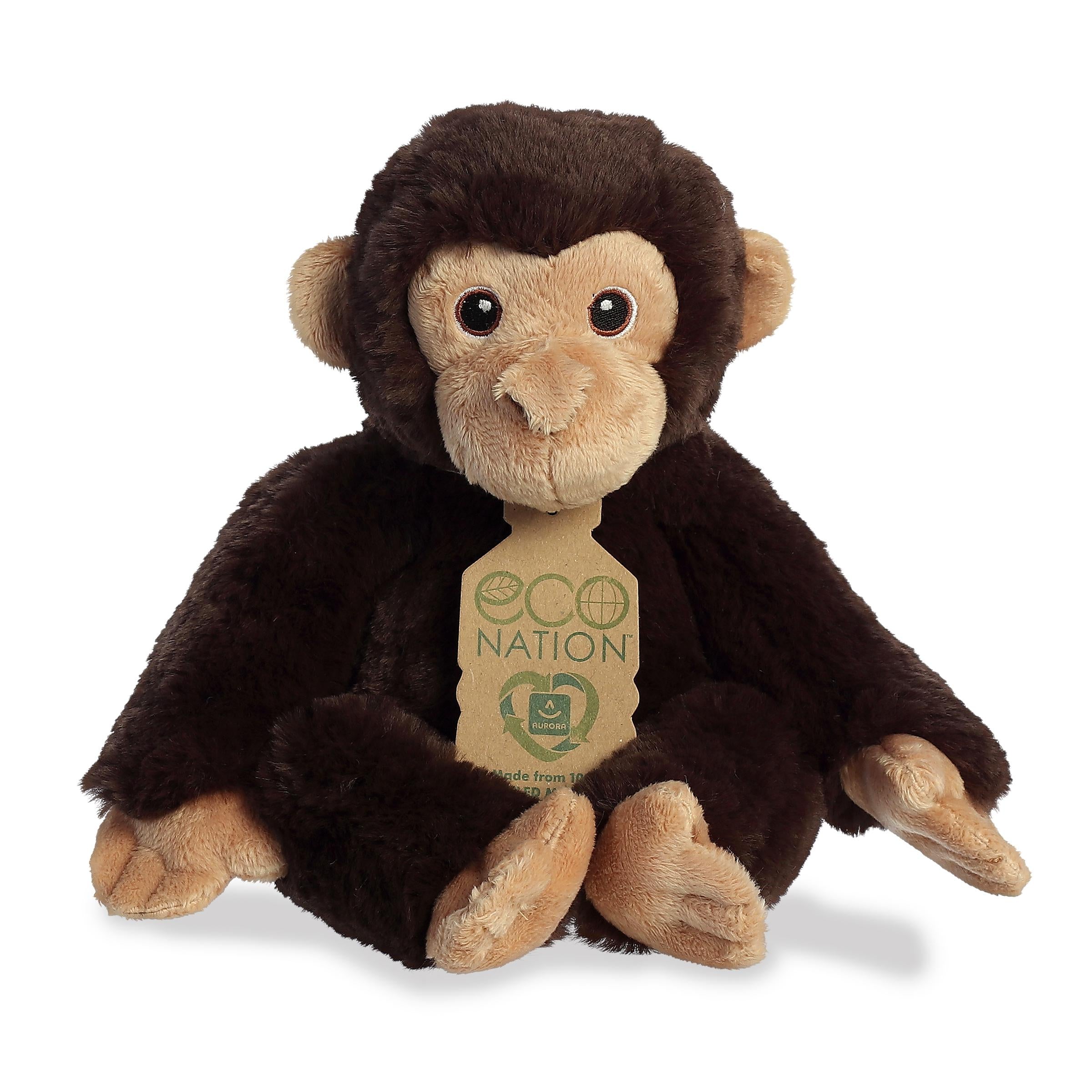 A sweet chimpanzee plush with rich brown fur, gently embroidered eyes, and an eco-nation tag its neck