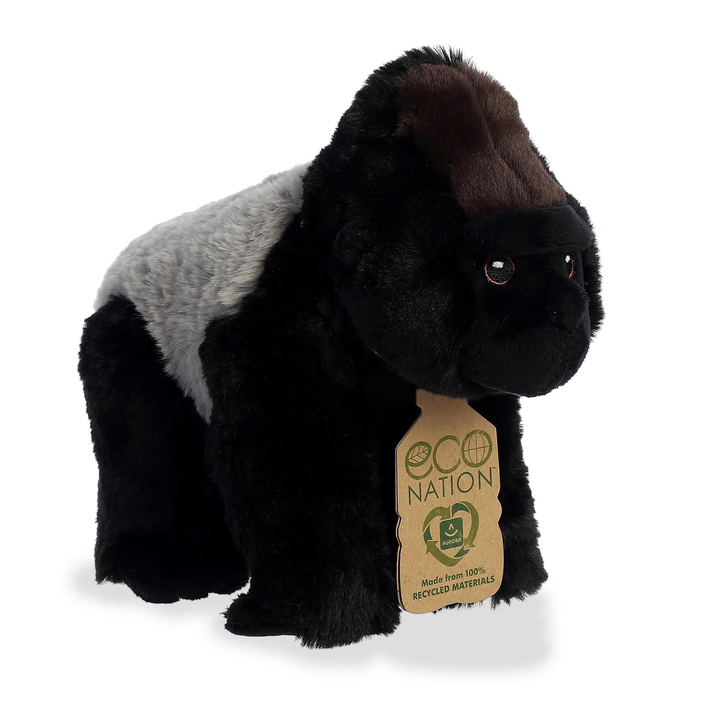 A majestic silverback gorilla plush with the iconic black and grey coat, finely embroidered eyes, and an eco-nation tag