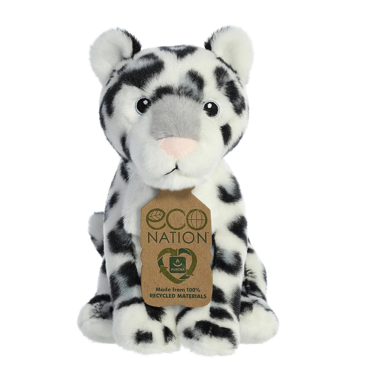 Magical snow leopard plush with a white coat and black spots, cute embroidered eyes, and an eco-nation tag