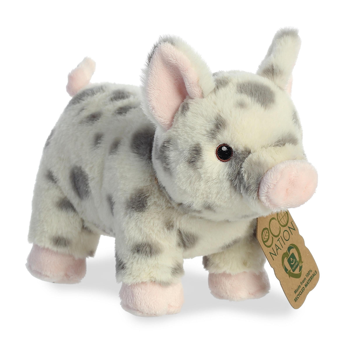 A delightful spotted pig plush with a white body and grey spots, sweet embroidered eyes, and an eco-nation tag