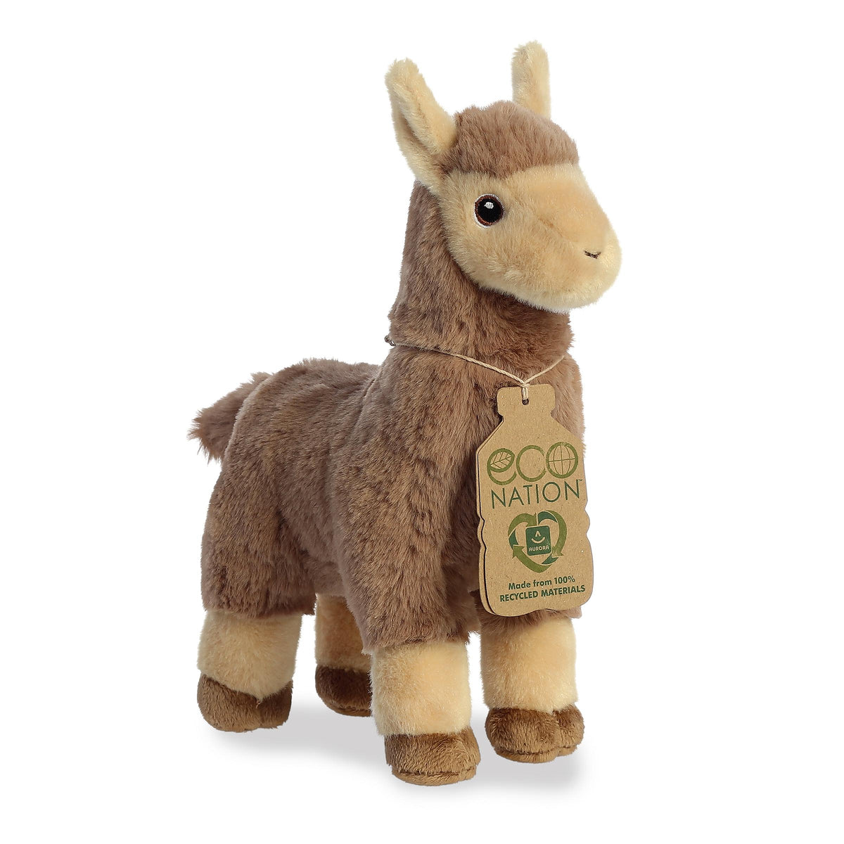A winsome tan llama plush with a beautiful tan coating, cute embroidered eyes, and an eco-nation tag by its neck