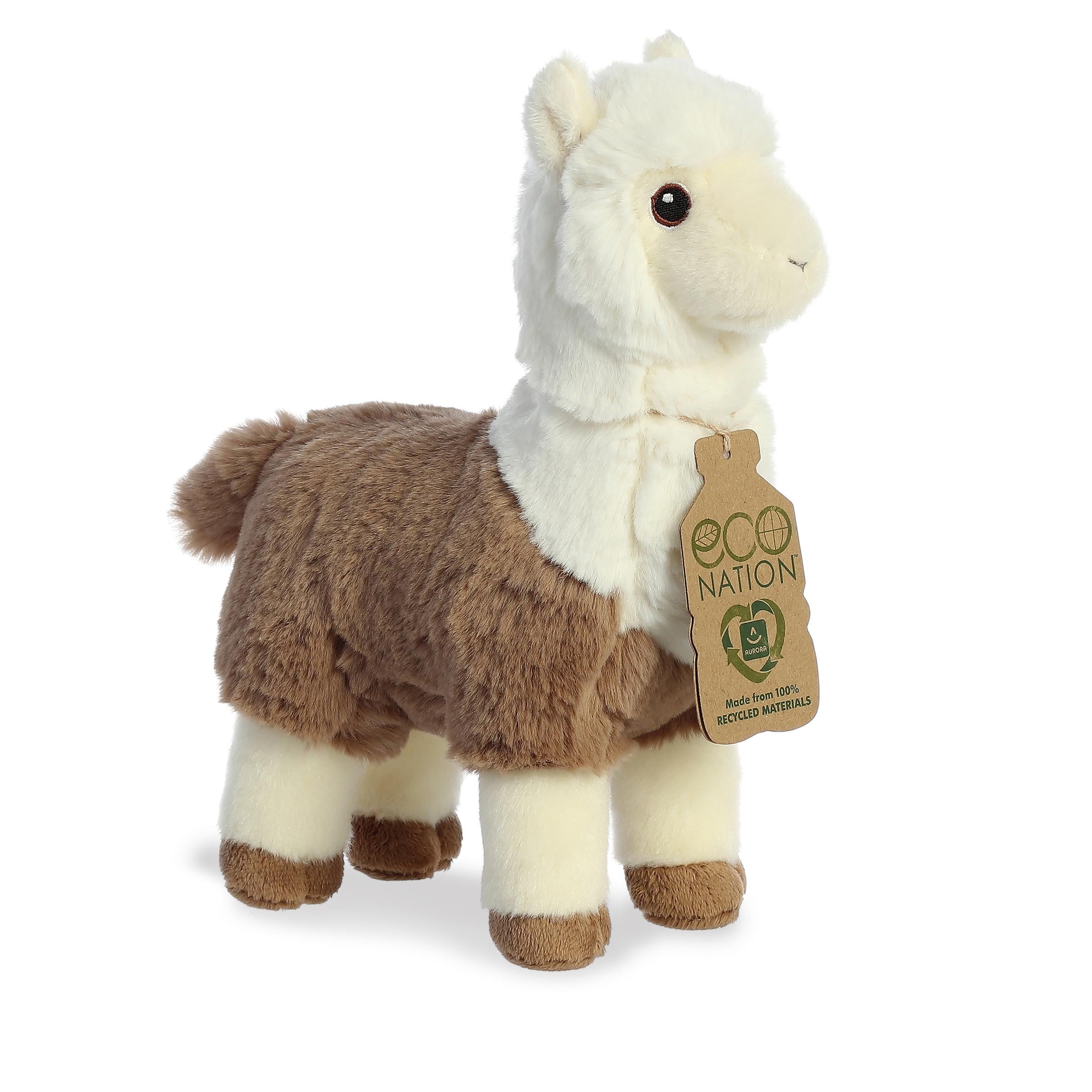 A whimsical alpaca plush with two tones of brown, darker and lighter, embroidered eyes, and an eco-nation tag