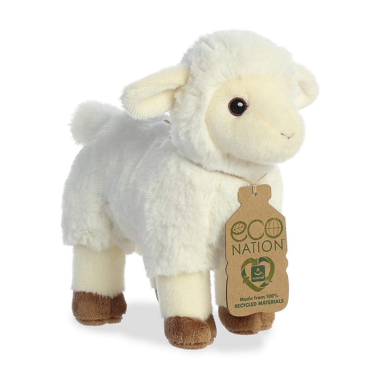 Eco Nation Plush Lamb, soft white fleece, brown hooves, promotes environmental care, perfect for all ages