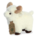 A delightful ram plush with a fluffy white coat and tan horns, embroidered eyes, and an eco-nation tag hanging from its neck