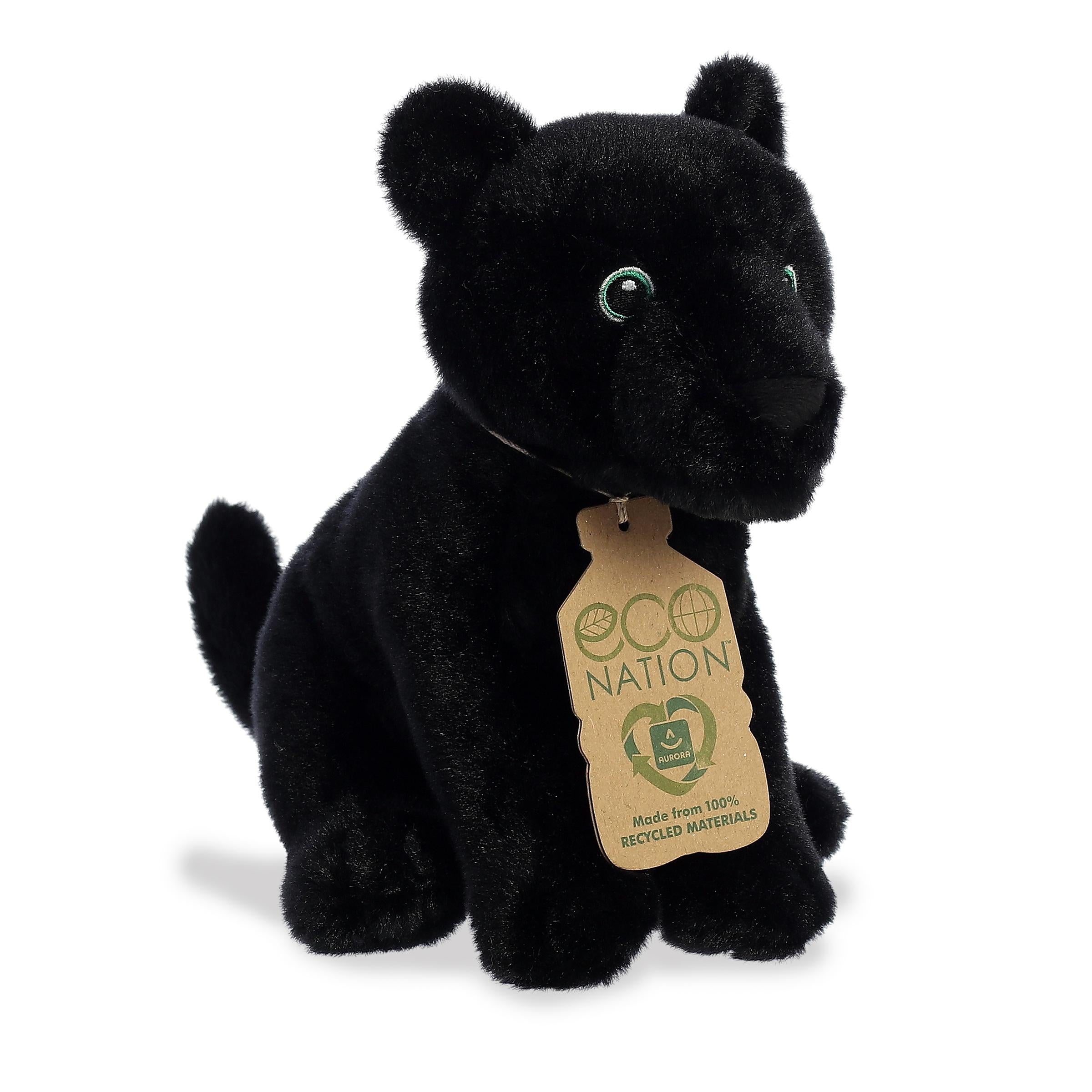 Enchanting panther plush with midnight fur and piercing green embroidered eyes, and an eco-nation tag hanging from its neck