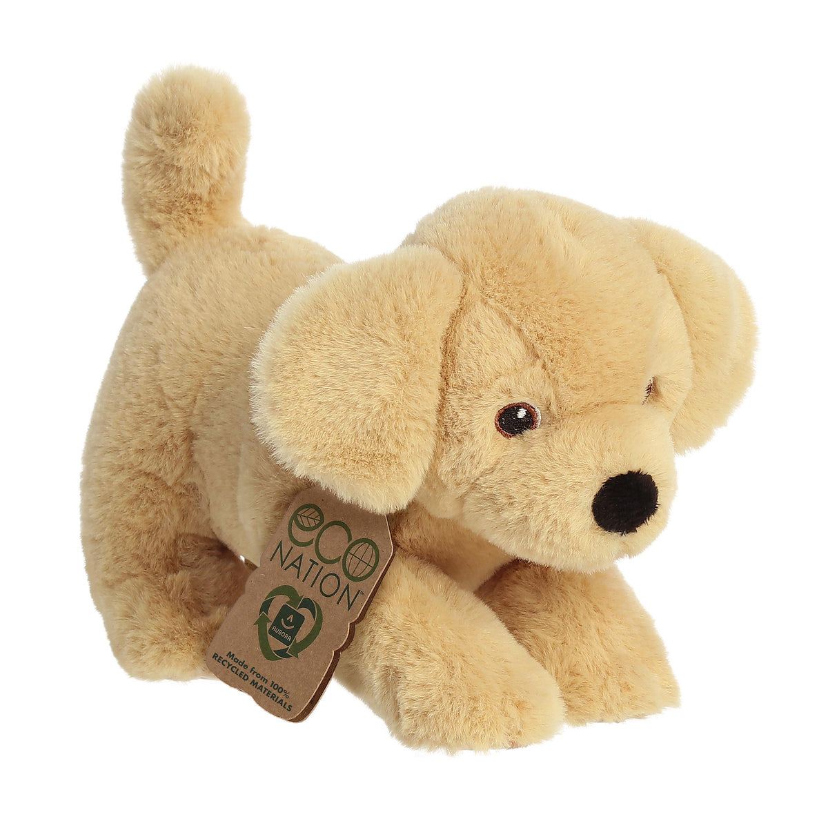 Adorable yellow lab plush that has a fluffy yellow coat, soft embroidered eyes, and an eco-nation tag around its neck