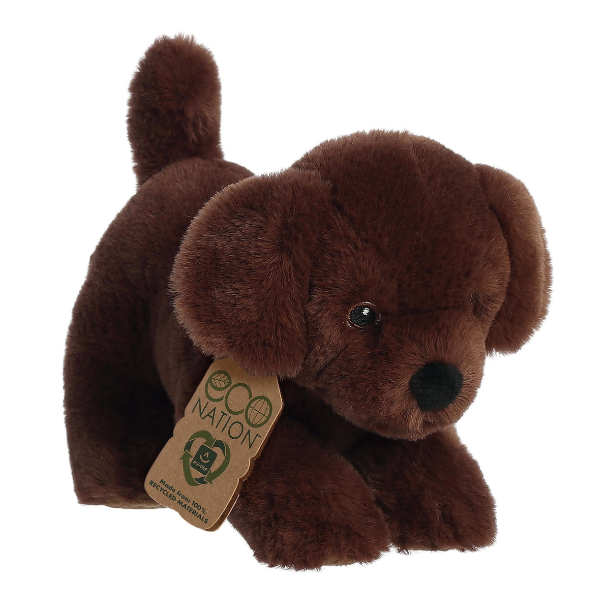 A cute chocolate lab plush with rich brown fur, lovable embroidered eyes, and an eco-nation tag to keep it safe