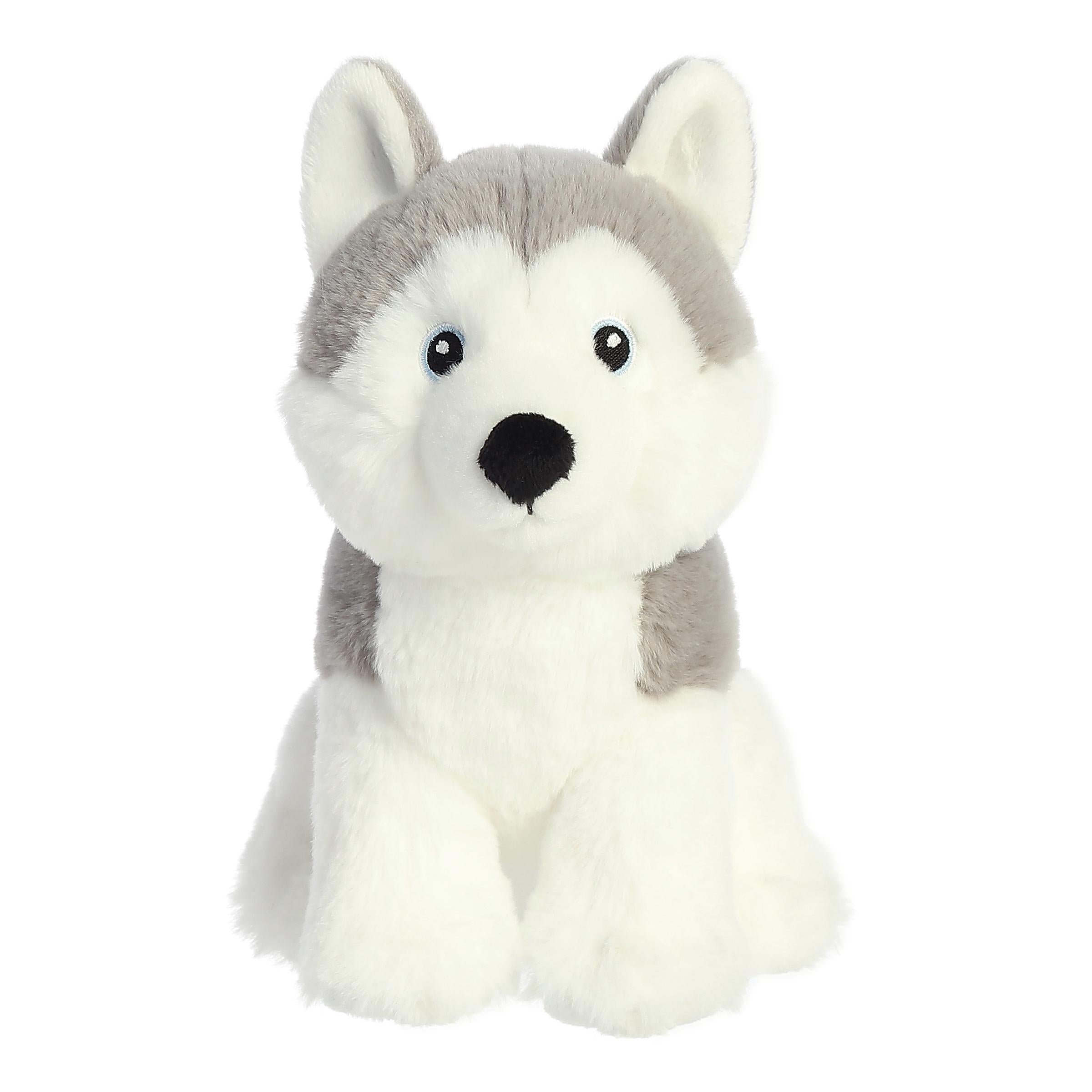 A darling husky plush with grey and white fur, happy embroidered eyes, and an eco-nation collar around its neck