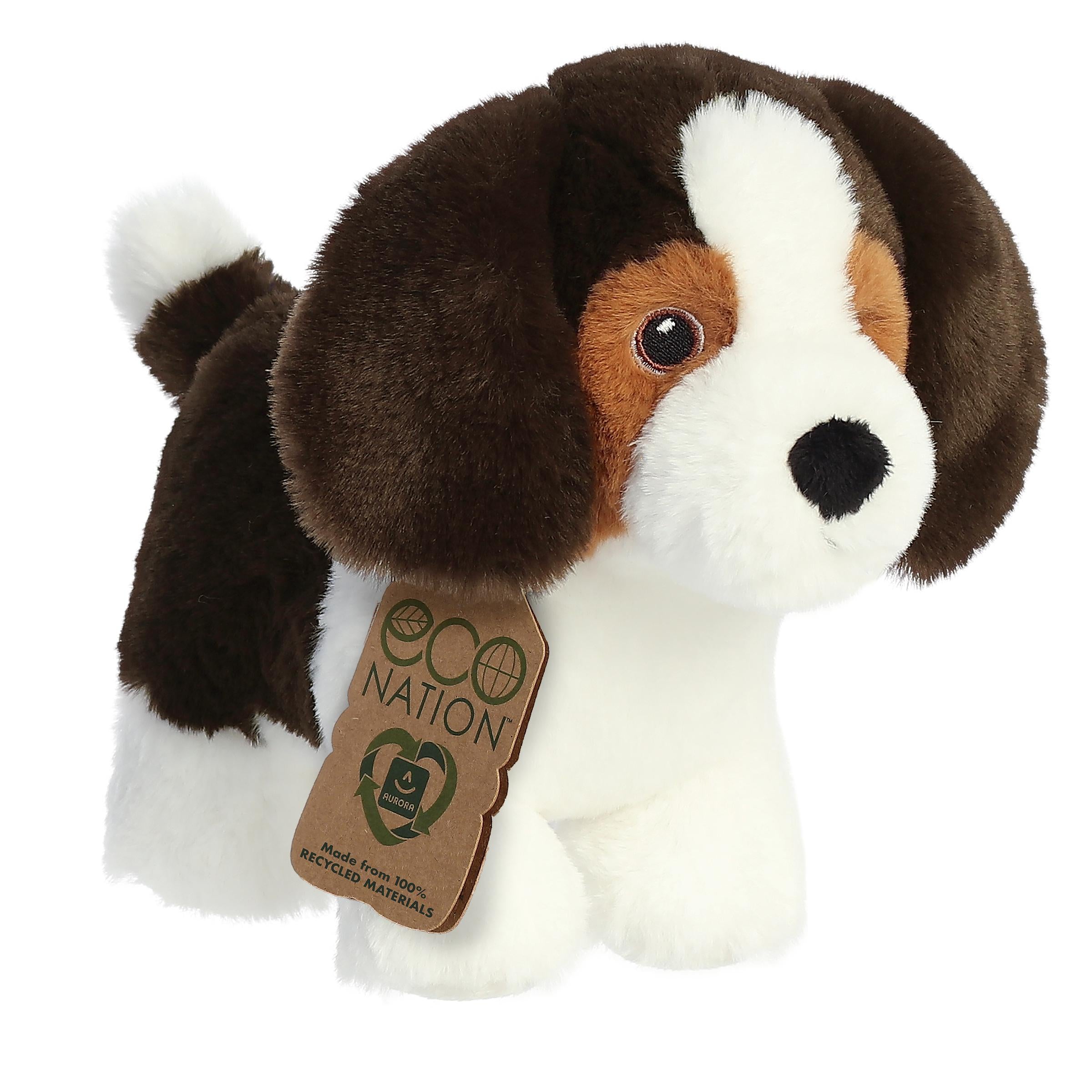 A precious beagle plush with a white and brown coat, sweet embroidered eyes, and an eco-nation collar tag