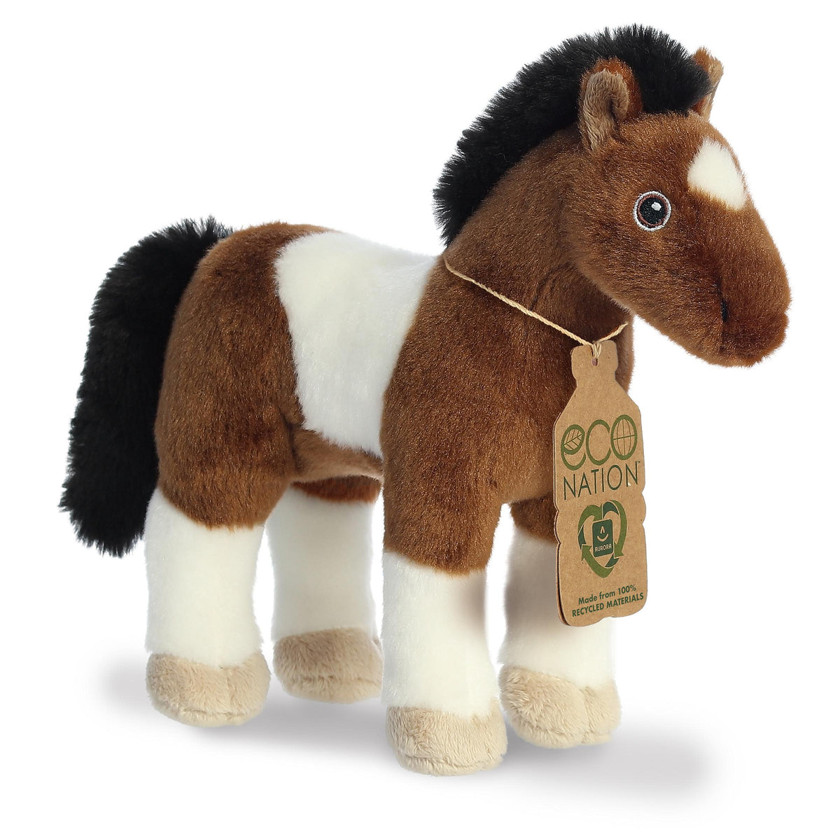 Endearing paint horse plush with a brown and white coat, detailed embroidered eyes, and an eco-nation tag