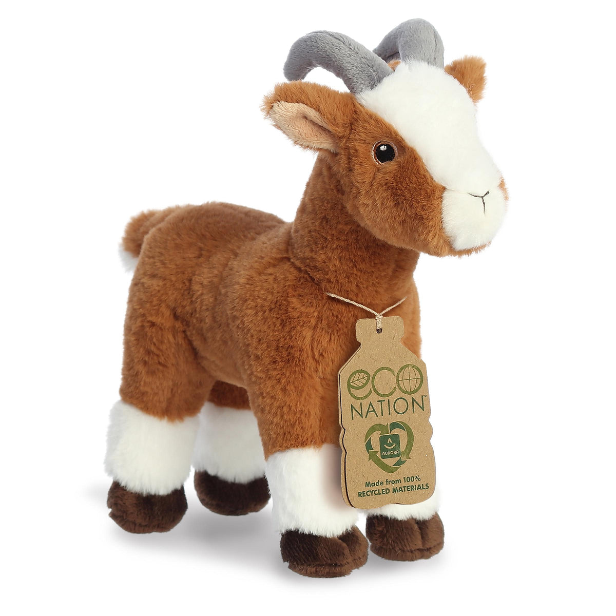 Eco Nation Goat plush from Aurora, showcasing detailed craftsmanship and a gentle expression