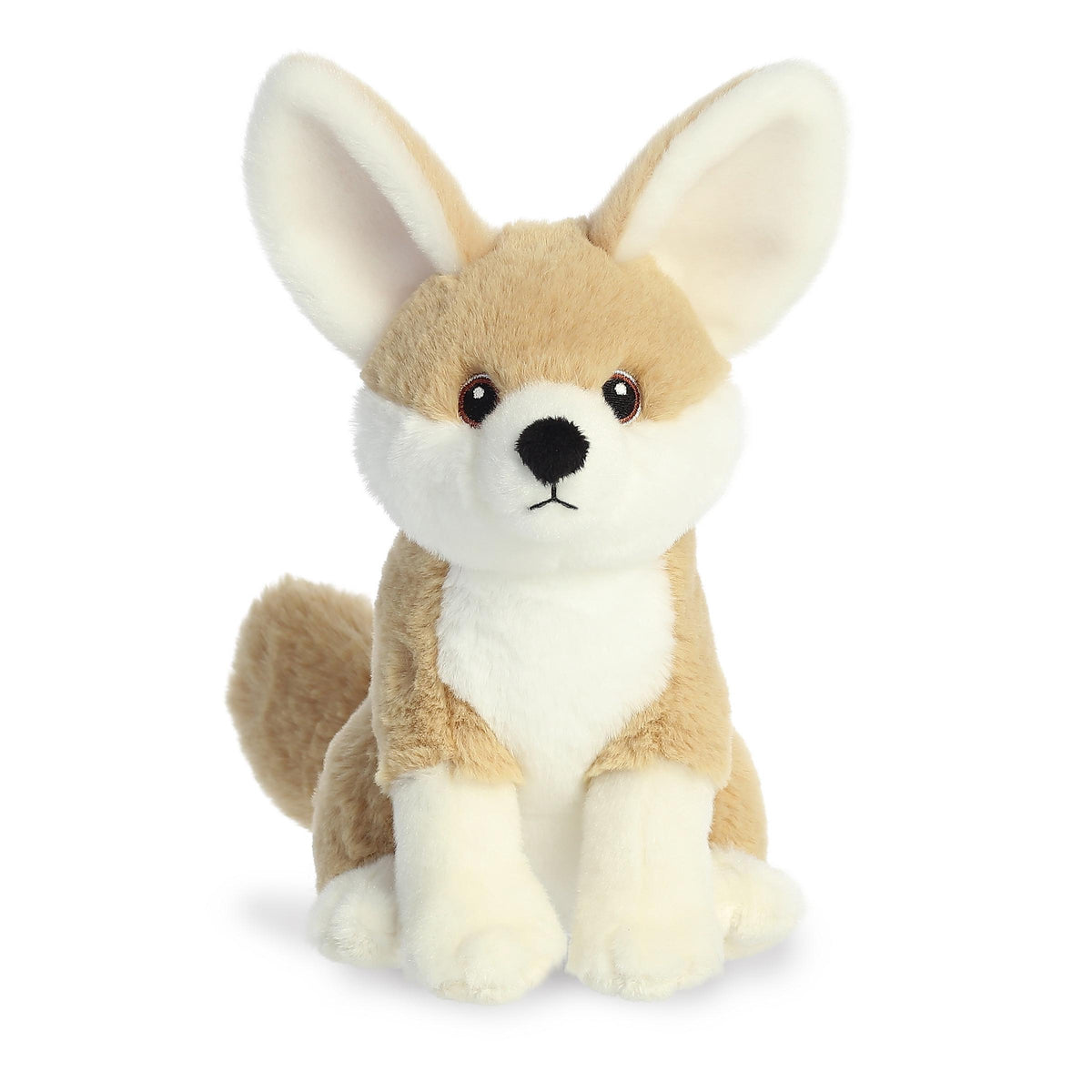 A sweet fennec fox plush with a tan and white coat, big ears, cute embroidered eyes, and an eco-nation tag