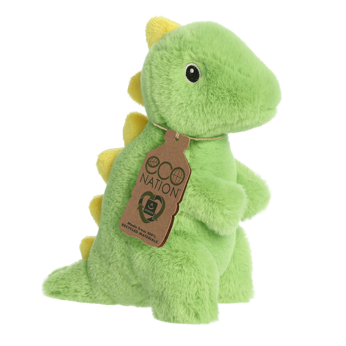 A captivating dino T-rex plush with a lime green body and yellow spikes, embroidered eyes, and an eco-nation tag