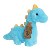 Cheerful dino diplodocus plush with bright blue body and orange spikes, embroidered eyes, and an eco-nation tag