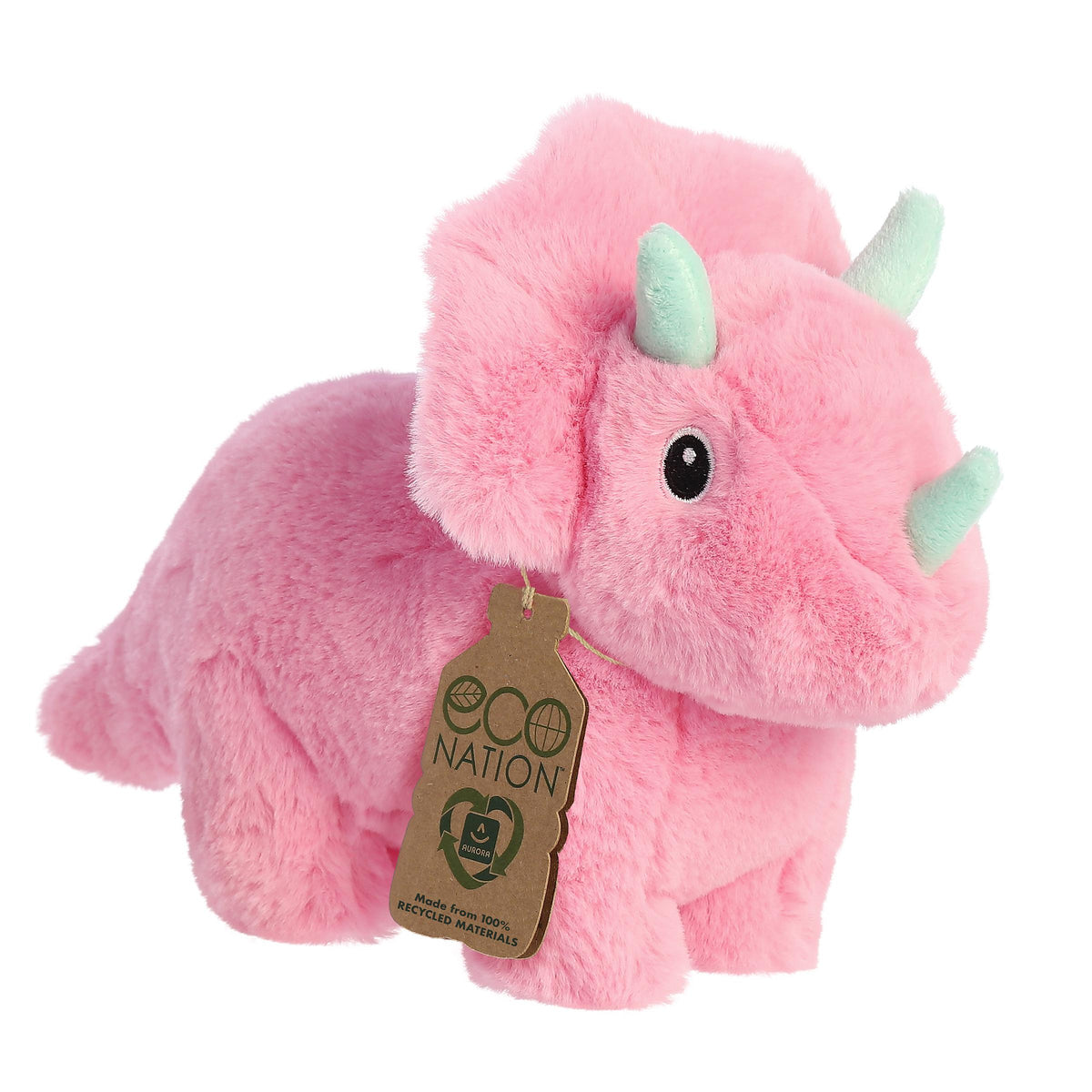 Alluring dino triceratops plush with a bright pink body and blue horns, embroidered eyes, and an eco-nation tag
