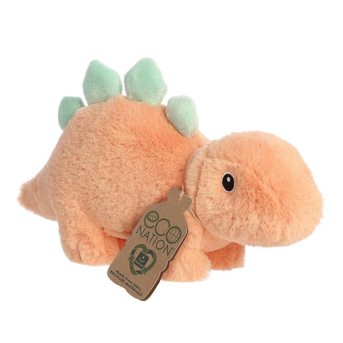 Sweet dino stegosaurus plush with an orange body and teal spikes, embroidered eyes, and an eco-nation tag