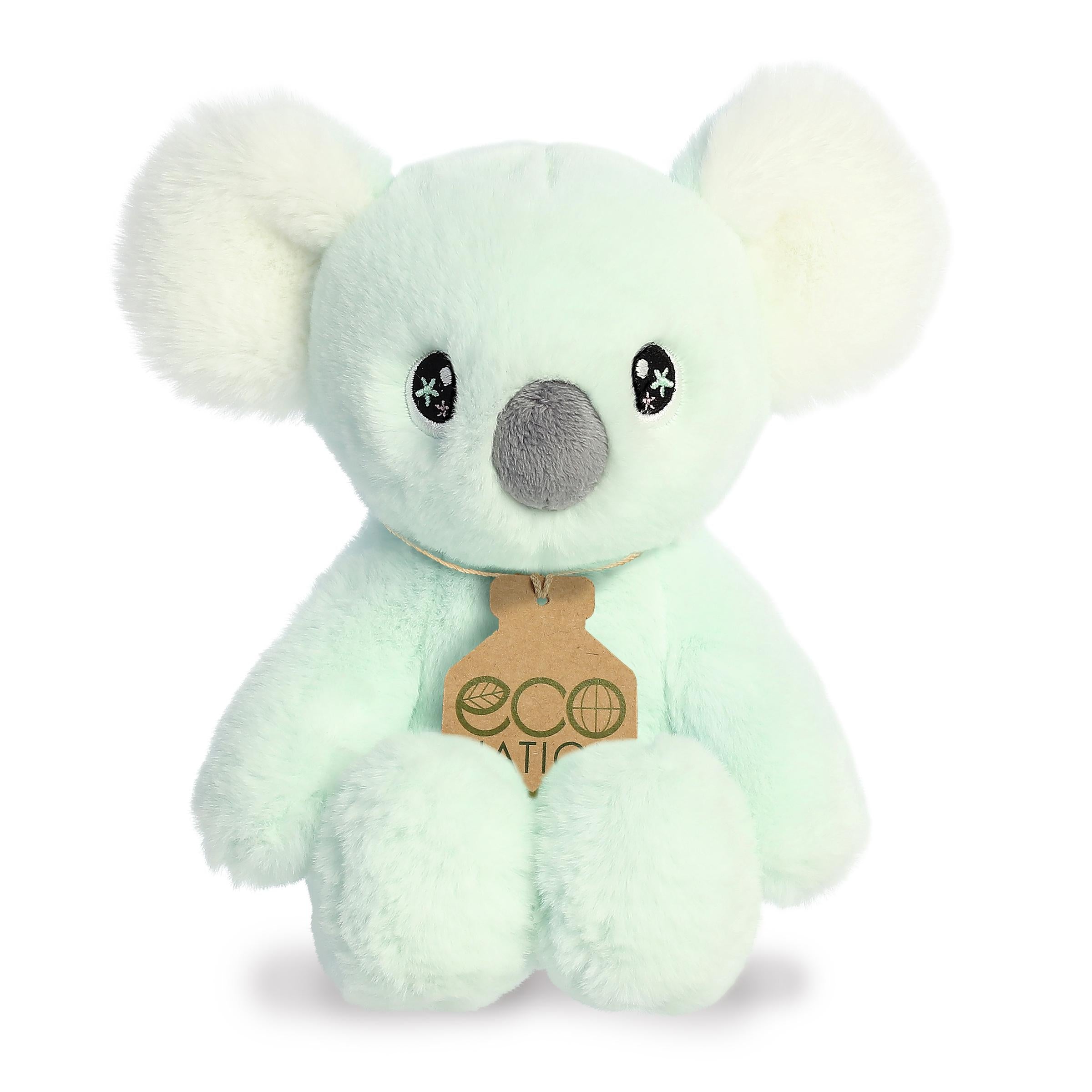 A charming koala plush with a faint green hue, adorable sparkling embroidered eyes, and an eco-nation tag around its neck