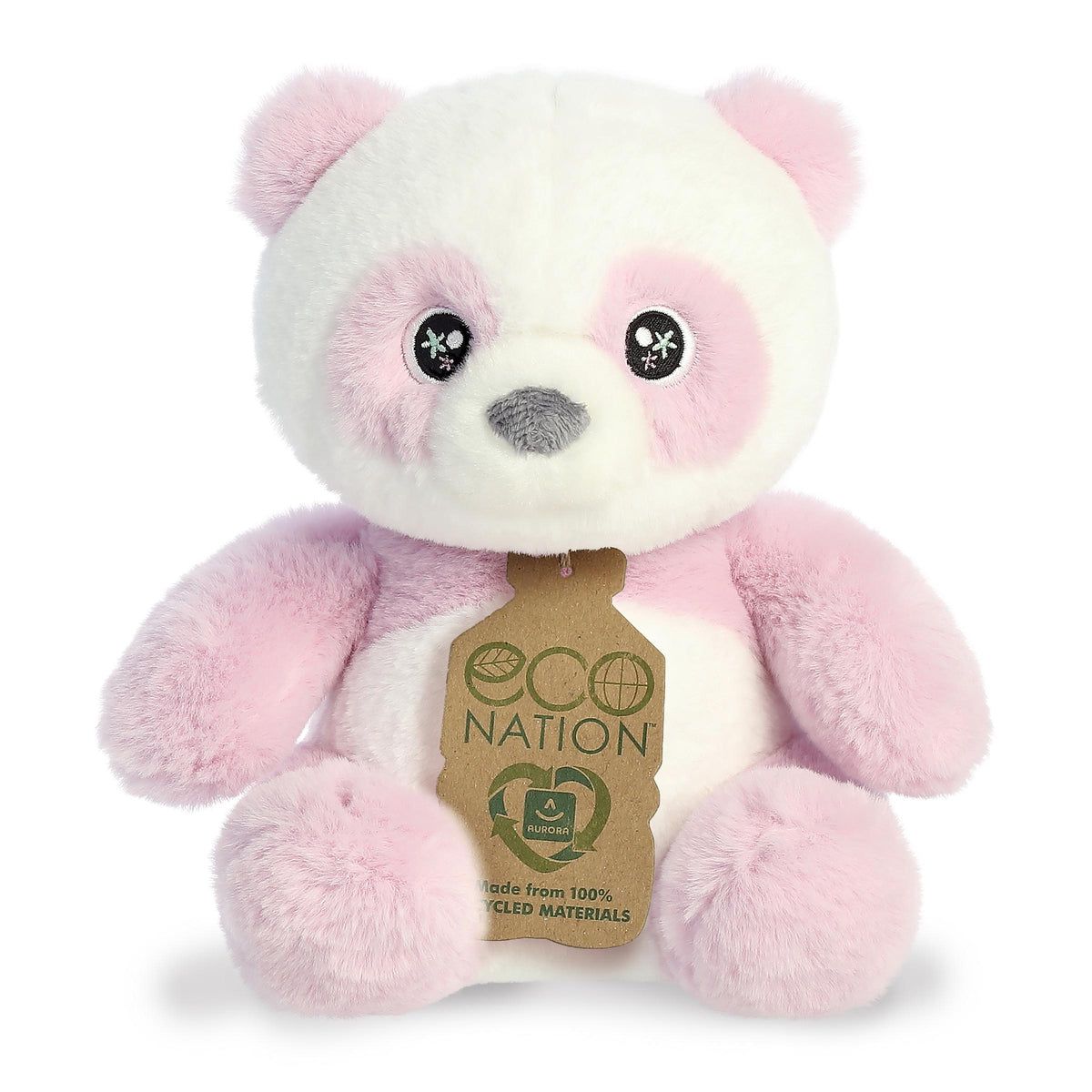Lovely panda plush that is a brilliant lavender purple, has sparkling embroidered eyes and an eco-nation tag around its neck