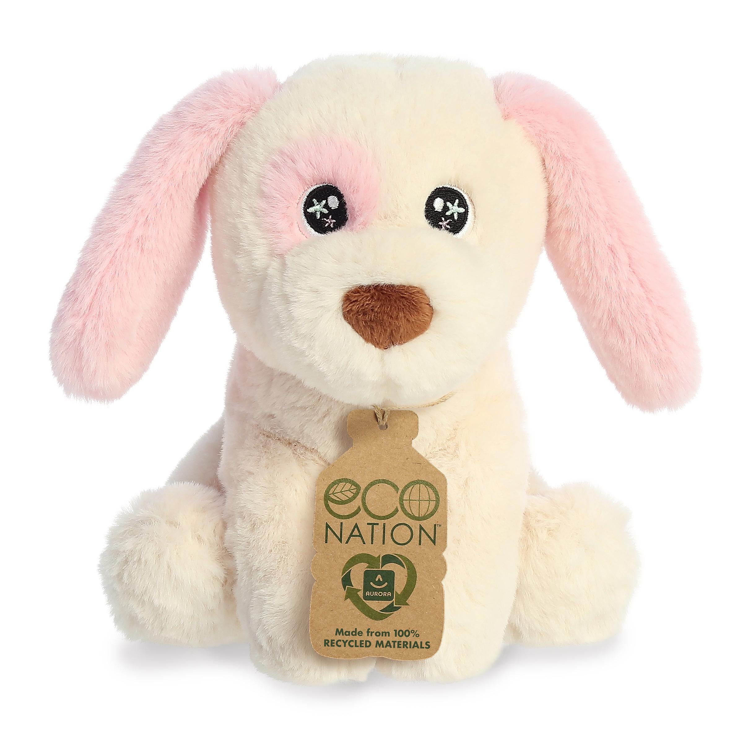 Delightful puppy plush the color of a peach, with sparkling embroidered eyes and an eco-nation tag hanging from its neck